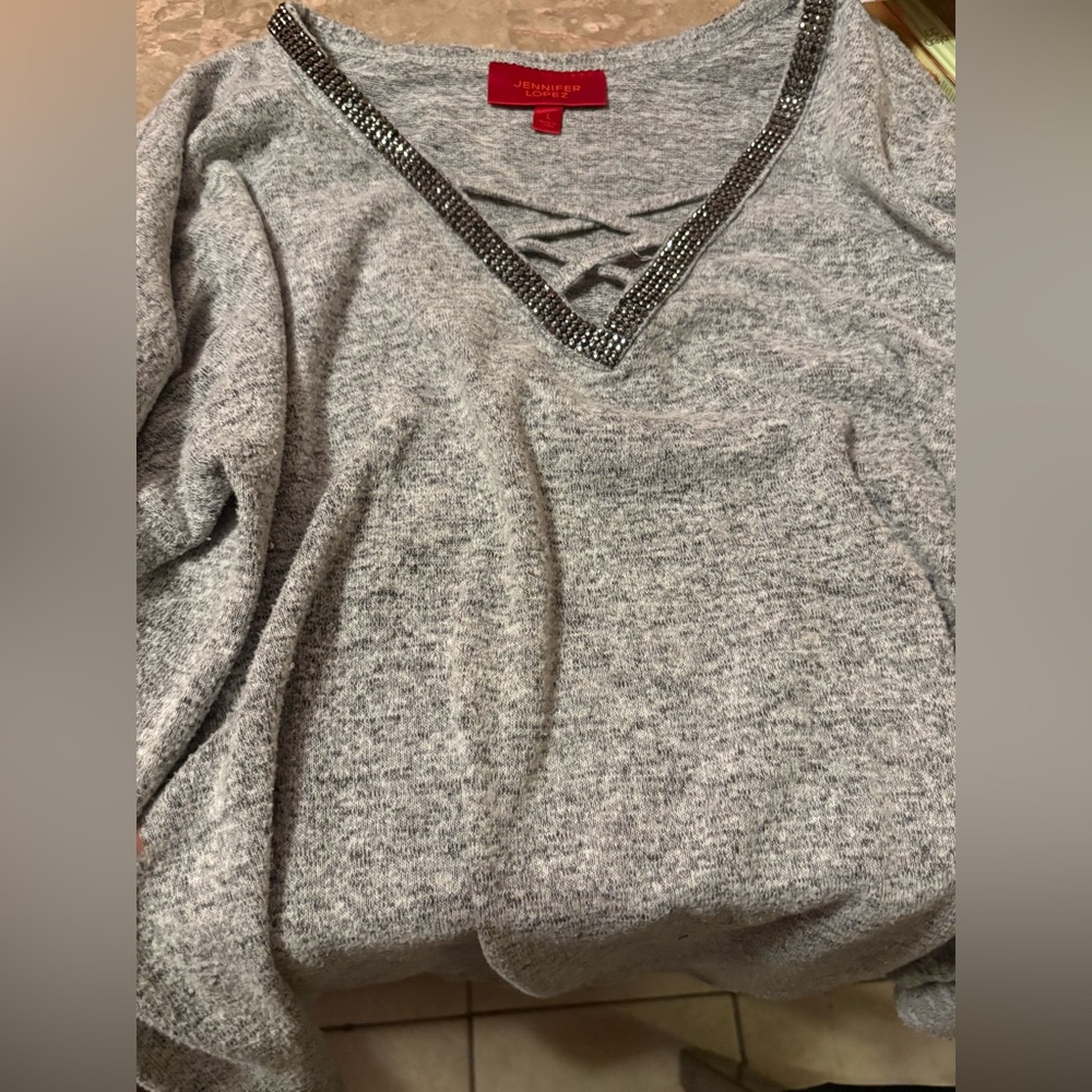 Jennifer Lopez Gray V-Neck Sweater with Sparkling Trim
